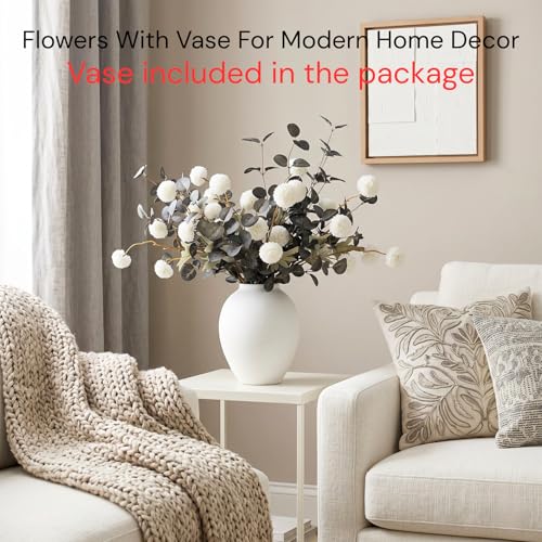 White Artificial Flowers & Greenery With Vase, Faux Floral Arrangement Centerpiece for Dining Table, Realistic Silk Flowers With Modern Vase for Kitchen, Living Room, Bedroom, Entryway & Bathroom - size: white/Green in vase
