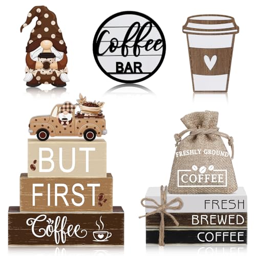 Vercraft 11 Pcs Coffee Bars Table Decorations Coffee Tiered Tray Decor Farmhouse Table Centerpiece Wooden Books Home Tabletop Decor for Home Kitchen - style: Coffee