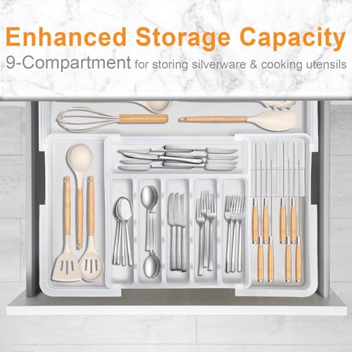 Homecor Silverware Organizer for Kitchen Drawer, Expandable Utensil Drawer Organizer with 2 Knife Block, Flatware and Cutlery Holder, Adjustable Plastic Storage for Spoons Forks Knives - color: White