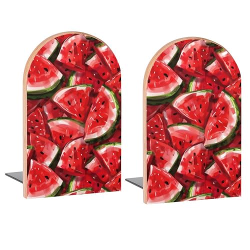 Red Slice Watercolor Book Ends Decorative Wood Bookends for Shelves Kids Room Desk Home Office Book Stoppers for Books, DVDs, 1 Pair/2 Pieces(5x3.1 in) - color: Red Slice Watercolor