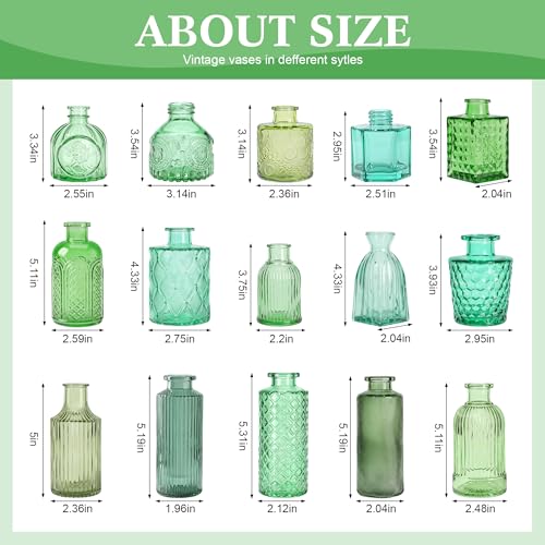 15 Pcs Colored Bud Vase Set,Glass Vases for Flower Centerpieces Wedding & Party Decor,Home Table Decorations,Bud Vases in Bulk for Housewarming (15, Green) - color: Green