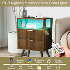 JOONEE Nightstand with Charging Station and LED Lights,Modern Bedside Table with 2 Storage Drawer and Open Wood Shelf, for Bedroom and Small Spaces,Night Stand with Solid Wood Legs,Walnut Brown - color: Walnut Brown