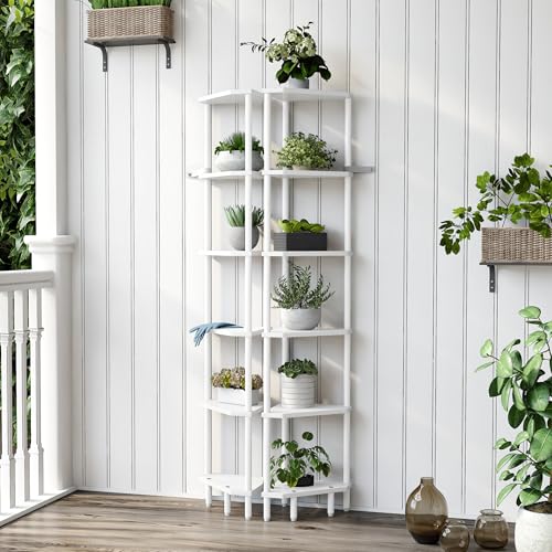 6 Tier Corner Shelf with LED Light, 66.5'' Tall Standing Shelf, Narrow Display Shelf Stand, Modern Corner Bookshelf, Plant Stand, Corner Bookcase for Living Room, Bedroom, Small Space LCS502WE - color: White With Light