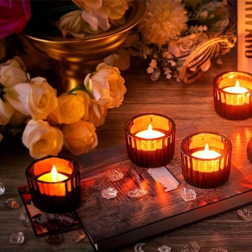 GOLDEAL Amber Tealight Candle Holder,Set of 24 Thick Glass,Tea Light Holders Bulk,Votive Candle Holders,for Wedding Table Decor,Party Supplies,Bridal/Baby Shower Decorations,Centerpieces for Tables - color: Amber