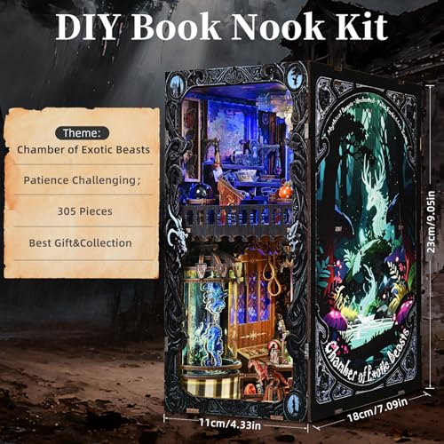 TOYQI Book Nook Kit, DIY Miniature Dollhouse Kit for Adults and Teens, Booknook Tiny House Kit Bookshelf Decoration 3D Wooden Puzzle Bookend - Magical Creatures Beasts - style: Chamber of Exotic Beasts