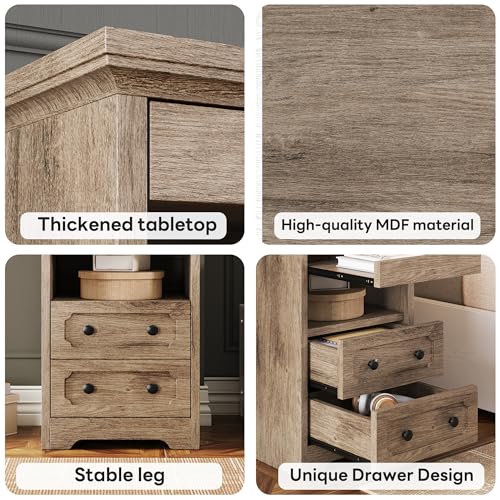 LIKIMIO Night Stand, Modern Bedside Table with 2 Drawers, Open Shelf, End Table with Pull-Out Tray, Wood SideTable, Grey Oak - color: Grey Oak