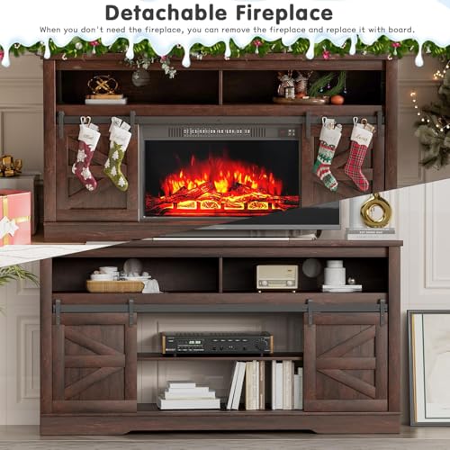 YESHOMY Fireplace TV Stand for Television up to 65+ Inch with Storage and Farmhouse Sliding Barn Doors, Entertainment Center with Cabinet and Shelves, Media Console for Living Room, Dark Brown - color: Dark Brown, style: Sliding Barn Doors Fireplace TV St