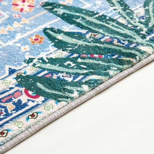 Oriental Tropical Kitchen Runner Rug 2x5 Washable, Thin Stain Resistant Blue Boho Bathroom Runner Rug for Hallway Entryway Bedroom Laundry, Vintage Abstract Hippie Botanical Long Carpet - color: Blue, size: 2' x 5'