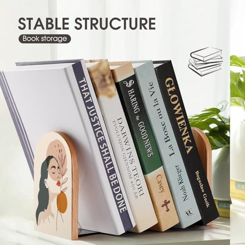 Minimal Boho Illustration Wooden Bookends Shelves 2 PCS Woman Plain Sturdy Book Holders Desktop Organizer for Home Office Libraries - color: Color-6
