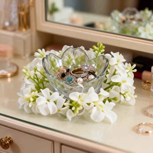 Mini Flower Ring Plate Jewelry Storage Tray Ring Holder for Dressing Table, Bedside Table, Room Bathroom Decoration, Cute Valentine's Day Christmas Birthday Gift for Women (white flower) - color: white Jewelry Tray and Flower Base