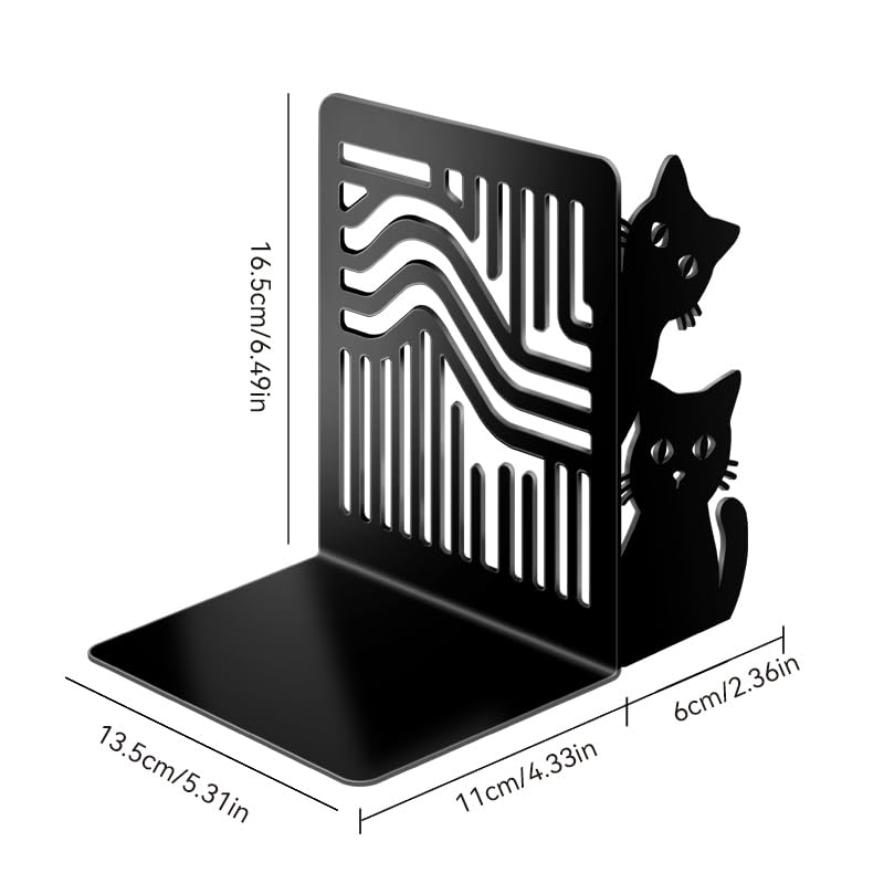 Peeking Cat Metal Bookends - Cute Book Ends for Heavy Novels Books, Geometric Pattern Book Holders for Shelves, Black Matte Decorative Cat Bookends for Office, Home, Library & Nursery - color: Type-5