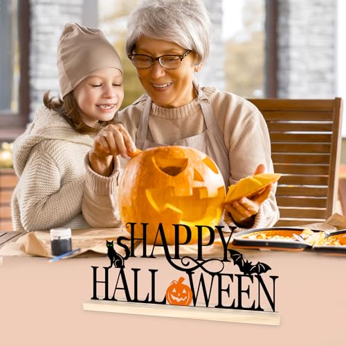 COCHIE Metal Happy Halloween Sign, Black Halloween Decorations for Home, Office, Shelf, Mantel, Indoor, Jack-o-lantern Decoration, Spooky Cat Bat Decor (Halloween) - style: Halloween