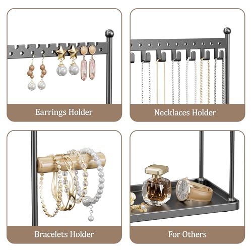 3 Tier Black Jewelry Stand, Necklace Organizer, Earring Holder with 44 Holes and 9 Hooks, for Necklaces, Bracelets, Rings - color: Black