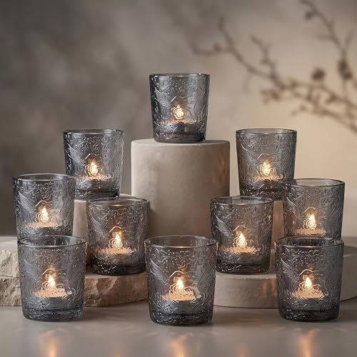 12 Pack Hummingbird Embossed Glass Candle Holders – Votive Tealight Holders with Patent Design, Decorative Embossed Glass Cups for Wedding Centerpieces, Parties, and Home Décor (Smoky Quartz) - color: Smoky Quartz