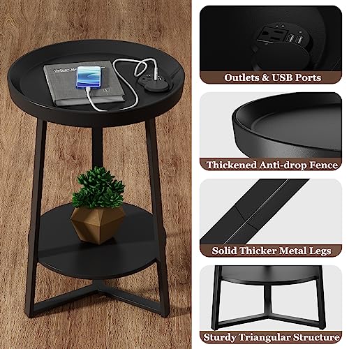 Gadroad Round End Table with Charging Station, USB Ports and Anti-Drop Fence, Wood Tabletop & Black Metal Frame, 2-Tier Side Table for Living Room, Bedroom, Black 15.7 * 15.7 * 23.0 inches - color: Black, style: with Charging Station