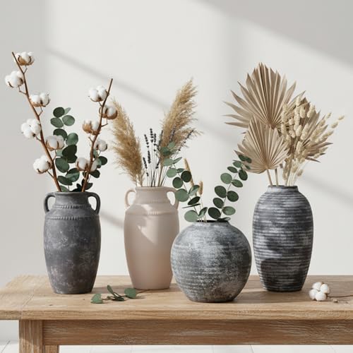 Lvases Farmhouse Rustic Ceramic Vase with Handles, 11 inch Gray-White Textured Modern Terracotta Vintage Vases for Home Decor Centerpieces Table Pottery Barn Furniture Decorative (Tall - C) - color: Gray+white, size: 6 in X 11 in