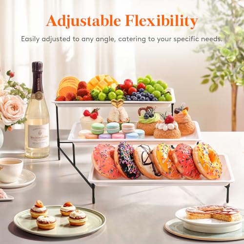 Lifewit 3 Tier Serving Tray, 36 x 17 cm/14 x 6.5" White Plastic Tiered Food Serving Platters, Tiered Tray Stand for Party with Black Collapsible Metal Stand, Dessert Display Stand for Cookies/Crackers - size: 14" x 6.5", style: Basic