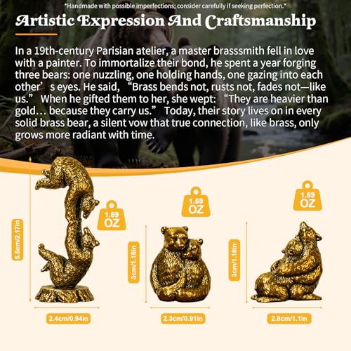 CHOVY Vintage Brass Bear Figurines Set - 3 Romantic Poses in Solid Brass, Collectible Couple Sculptures, Handmade Desk Art for Home Office & Unique Gift for Bear Lovers - Hug - color: Couple Bears Hug