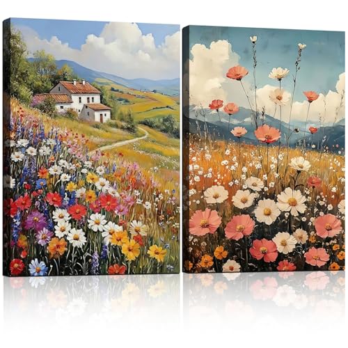 2pcs Framed Vintage Oil Painting Style Canvas Paintings Country Wildflowers Pastoral Scenery Farmhouse Wall Decor Floral for Bedroom Kitchen Office Cafe Landscape Artwork Ready to Hang 24x16 Inch - color: Vintage farmhouse oil painting wildflowers, size: