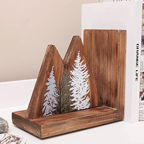 NIKKY HOME Heavy Duty Non Slip Rustic Woodland Mountain Wood Bookend Forest Book Ends Book Stoppers for Cabin Decor Home and Office Shelves Children - color: Forest