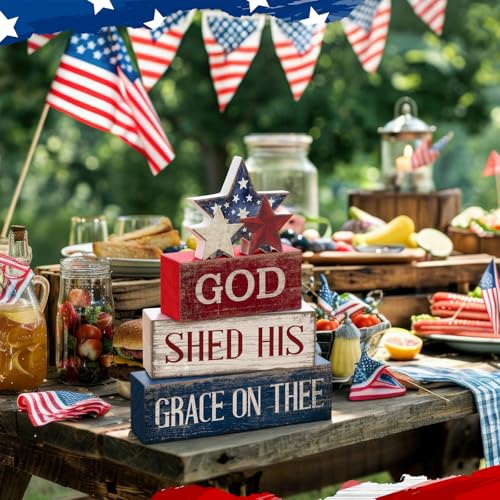 CroBlissful 4 Pcs 4th of July Decorations Patriotic Memorial Day Tabletop Decorations Red White Blue Table Centerpieces Sign for Office Tiered Tray Home Shelf 250th Anniversary(God) - style: God