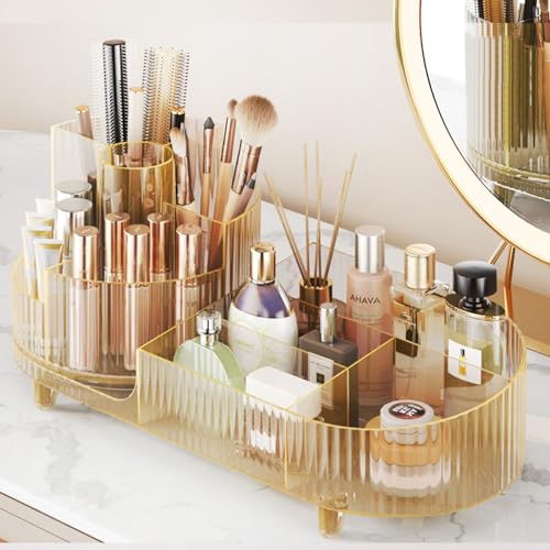 Rotating Makeup Organizer for Vanity with Brush Holder, Cosmetic Makeup Storage Organizer, Large Spinning Makeup Skincare Organizer, Countertop Makeup Perfume, Lotions Display Case (Transparent Gold) - color: Transparent Gold