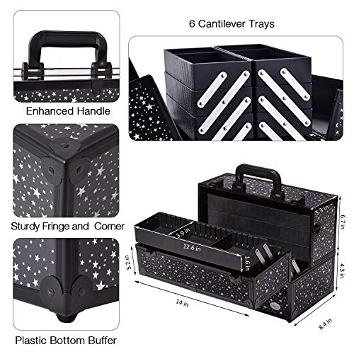 Makeup Case 6 Trays Large 14" x 8.5" x 11" Train Cases Cosmetic Organizer Storage Box by Joligrace - Star Pattern - color: Black Star