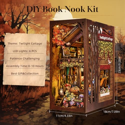 TOYQI Book Nook Kit, Book Nook Kits for Adults, DIY Miniature Dollhouse Kit 3D Wooden Puzzle Booknook Bookend with LED Light - style: TWILIGHT COTTAGE