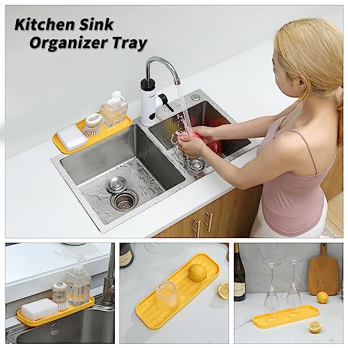 MicoYang Silicone Kitchen Sink Organizer Tray for Multiple Usage,Easy Clean,Eco-Friendly Sponges Holder for Kitchen Bathroom Counter or Sink,Dish Soap Dispenser,Scrubber,Bottle,Cup Yellow 12" x 4” - color: Yellow, size: 12" x 4" x 0.7"