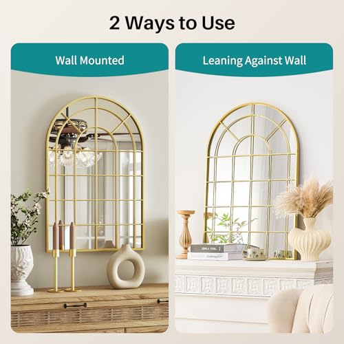 Arched Gold Wall Mirror - 24"x36" Arch Window Pane Mirror for Wall Decor, Gold Metal Framed Decorative Mirrors for Entryway, Living Room, Dining Room, Bedroom, Fireplace - color: Gold 02- Window Pane