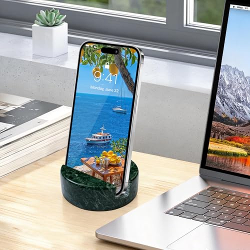 Luxury Natural Marble Cell Phone Stand Holder for Cellphone Tablet On Desk, Pad, Countertop, Table, Nightstand. Heavy Real Stone Mobile Phone Stands (Jade Green)
