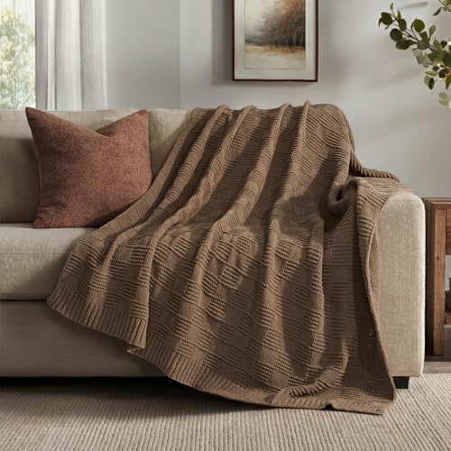 EVERGRACEHOME Modern Checkered Chenille Throw Blanket, Soft Cozy Plaid Knitted Chair Blanket for Sofa Couch, Decorative Knit Throw for Bed and Living Room, Camel Brown, 50" x 60" - color: Checkered Camel Brown, size: 50" x 60"