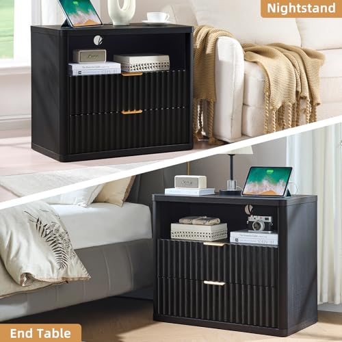 LEYAOYAO 31" Wide Fluted Nightstand with Charging Station, Oversized Extra Large 2 Drawers Night Stand,Black Wood Bedside Table,Tall Bed Side End Tables,Modern Chest of Drawers Dressers for Bedroom - color: Black, size: 2 Drawers