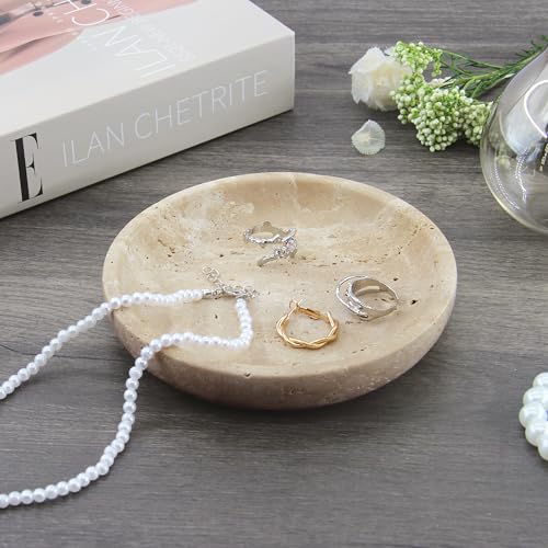 Small Natural Marble Jewelry Tray Key Plate Holder Dish Trinket Decor Catch All Bowl for Ring Earring Stone Gift for Women Daugther,Beige Travertine，5.5" - color: Beige Travertine