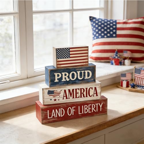 4Pcs 4th of July Decorations Red White and Blue Wood Blocks Patriotic Tiered Tray Decor Farmhouse Style Table Centerpiece for Office Memorial Day Shelf 250th Anniversar - style: Americana