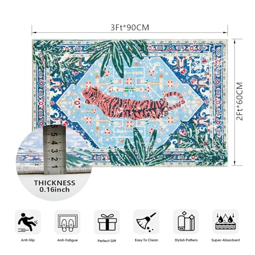 Tropical Jungle Rugs, 2x3 Faux Wool Botanical Boho Throw Rugs for Bathroom Kitchen Small Indoor Entryway Rug Modern Vintage Distressed Hippie Indian Accent Floor Mat Non-Slip Washable - color: Blue, size: 2' x 3'