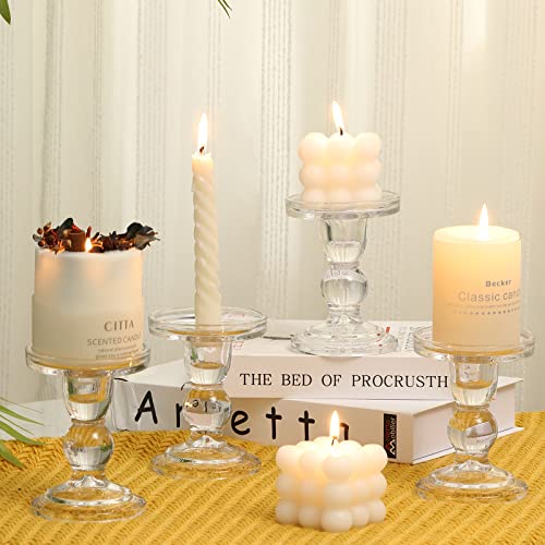 Glass Candle Holder Set of 4 Clear Candlestick Holders for Pillar Taper and Tealight Candles, Vintage Table Centerpiece for Wedding, Christmas Home Decor - color: Clear