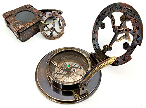 Nautical Brass Handmade Sundial Compass with Leather Box | Portable Pocket Friendly Vintage Working Compass for Home Décor, Collectors, and Gift Giving | Antique Maritime Compass Gift - color: Style 3