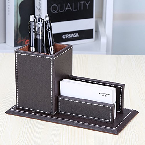 KINGFOM PU Leather Desk Organizer and Accessories, Pencil Holder for Desk with Business Cards Stand, School Office Supplies Collection Caddy Brown - color: Brown