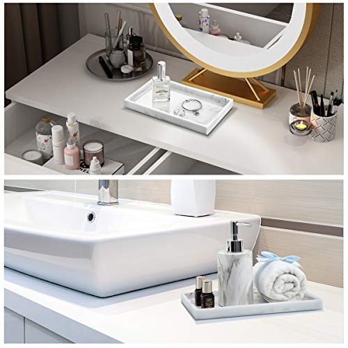 Emibele Bathroom Tray, Resin Countertop Vanity Tray Jewelry Storage Dresser Tray Kitchen Toilet Tank Tray Organizer for Candle Plant Perfume Shampoo Towel Home Decor, Medium, Marble White - color: Marble White, size: 10" x 6.1" x 0.8"