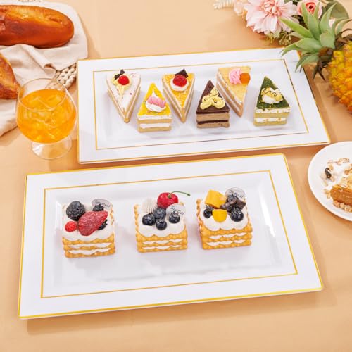 I00000 6 Pack Plastic Serving Trays, Gold Rim Disposable Serving Trays, Gold Disposable Serving Platter for Food Party Serving Platters and Plastic Trays 13.97x8.46 inches - color: White Gold