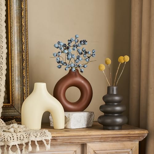 Modern Ceramic Decorative Vase Set of 3 – Minimalist Sculptural Vases for Living Room, Shelf & Table Decor, Nordic Donut Vase Set for Contemporary Home Decor (Cream Matte and Brown) - color: Cream Matte and Brown