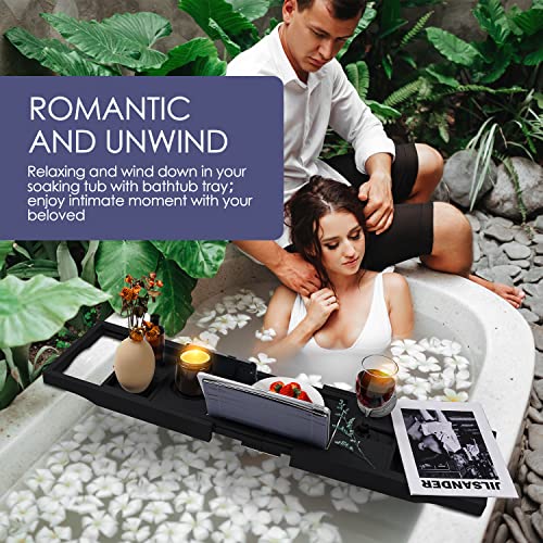 Foldable Bathtub Caddy Tray, Bamboo Bath Tub Tray Table for Tub with Wine Glass Holder Book Phone Tablet Holder with Extending Sides, Adjustable Bathroom Bathtub Free Soap Holder Gift Idea (Black) - color: Black