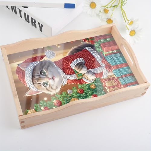 Tontut DIY Diamond Art Tray Wooden Pallet Kits, Christmas Gift Kitten 5D Cartoon Handle Craft Painting kit, Suitable for Home, Party, bar, Christmas, can be Given as a Gift to Relatives, Friends - color: Christmas Cat
