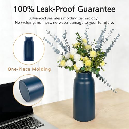 Set of 2 Navy Blue Seamless Metal Flower Vase, 10.8" Tall Modern Matte Blue Floral Vase Pair, Shatterproof Leakproof, Sophisticated Home Decor Centerpiece for Table, Mantle, Shelf - color: Dark Blue