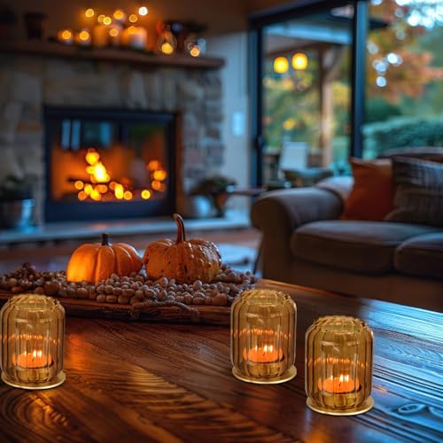 Vixdonos Glass Hurricane Tealight Candle Holder with Metal Candle Stand,Set of 3 Modern Windproof Votive Candle Holders for Wedding Party Table Centerpiece Outdoor,Amber - color: Amber