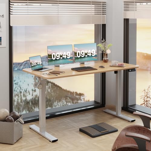 Furmax Electric Height Adjustable Standing Desk Large 55 x 24 Inches Sit Stand up Desk Home Office Computer Desk Memory Preset with T-Shaped Metal Bracket, Light Wood - color: Light Wood, size: 55 Inch