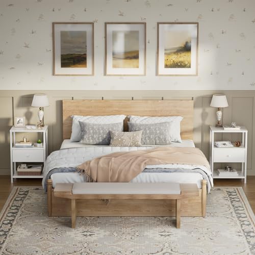 BOLUO White Nightstand with Charging Station, LED Night Stand with Fabric Drawers and Shelf, Bedside Table with USB Ports and Outlets, Bedroom Nightstand Modern - color: A.white