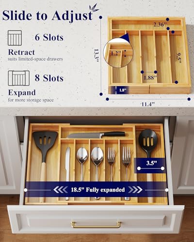 Kitsure Silverware Organizer - Expandable Bamboo Kitchen Drawer Organizer for Cooking Utensils and Cutlery, Sturdy & Thickened Kitchen Organizers and Storage Solution, Large, Natural - color: Natural, size: Large