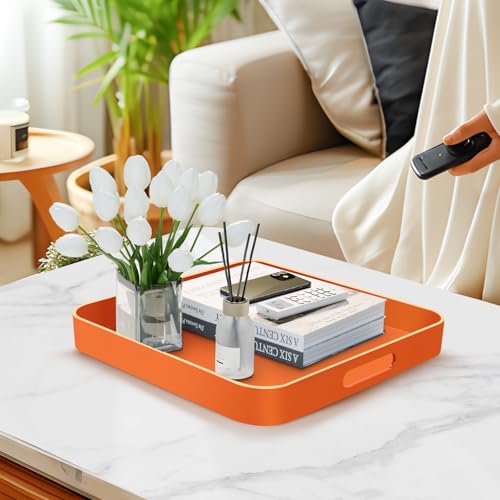 MAONAME 13" Orange Decorative Tray, Serving Tray with Metal Handles, Square Plastic Trays for Ottoman, Modern Coffee Table Trays for Living Room, Bathroom - color: Orange, size: 13" x 13" x 1.6"